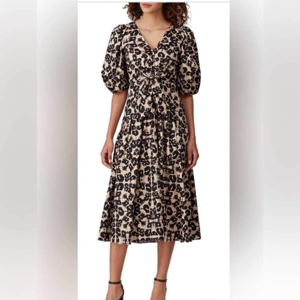 Rebecca Taylor puff sleeve  Leopard Print Midi Dress Sz 8